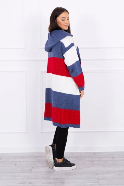 Sweter w pasy trzykolorowy ecru+jeans+czerwony Sweter w pasy trzykolorowy ecru+jeans+czerwony