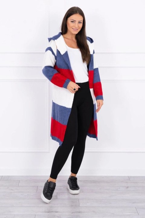 Sweter w pasy trzykolorowy ecru+jeans+czerwony Sweter w pasy trzykolorowy ecru+jeans+czerwony