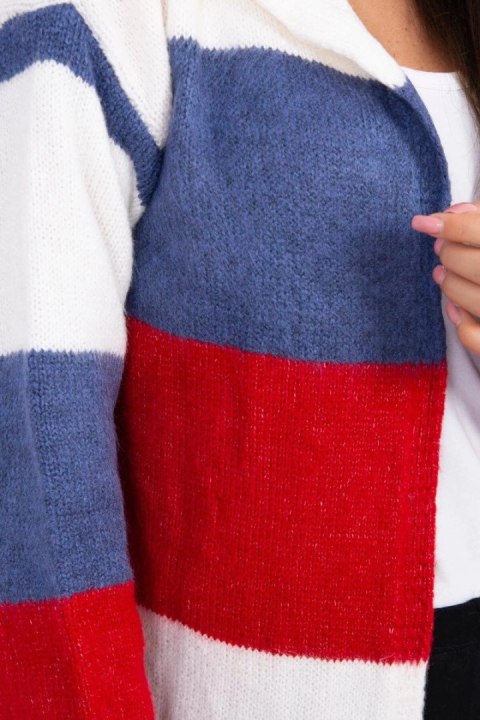 Sweter w pasy trzykolorowy ecru+jeans+czerwony Sweter w pasy trzykolorowy ecru+jeans+czerwony