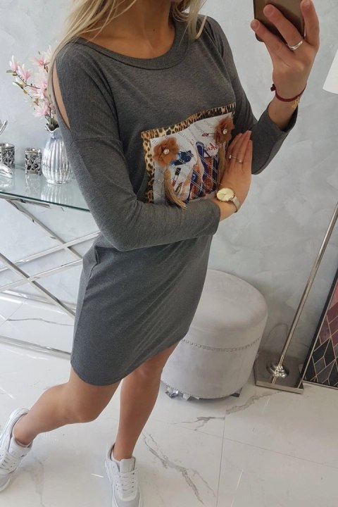 Sukienka z grafiką 3D i ozdobnymi chwostami grafitowa Sukienka z grafiką 3D i ozdobnymi chwostami grafitowa