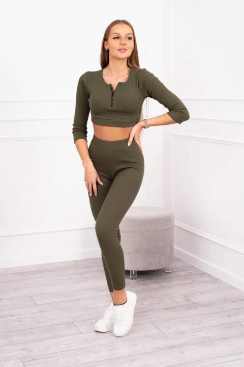 Komplet prążkowany krótki top khaki Komplet prążkowany krótki top khaki