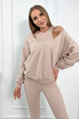 Komplet 3-częściowy bluza + top + legginsy jasny beżowy