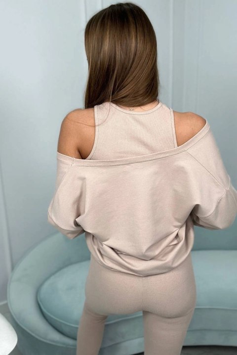 Komplet 3-częściowy bluza + top + legginsy jasny beżowy Komplet 3-częściowy bluza + top + legginsy jasny beżowy