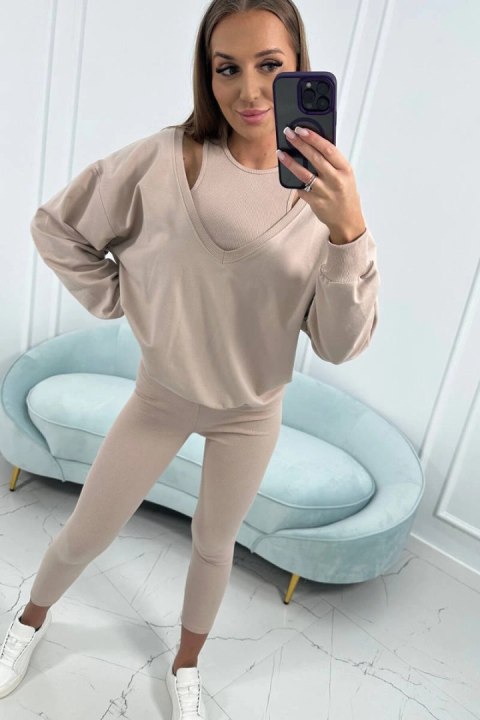 Komplet 3-częściowy bluza + top + legginsy jasny beżowy Komplet 3-częściowy bluza + top + legginsy jasny beżowy