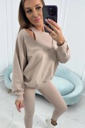 Komplet 3-częściowy bluza + top + legginsy jasny beżowy