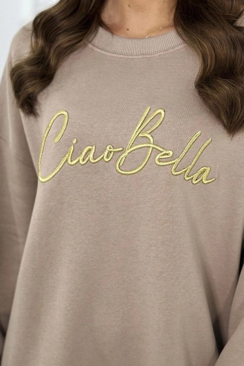 Bluza ocieplana z napisem Ciao Bella ciemno beżowa Bluza ocieplana z napisem Ciao Bella ciemno beżowa