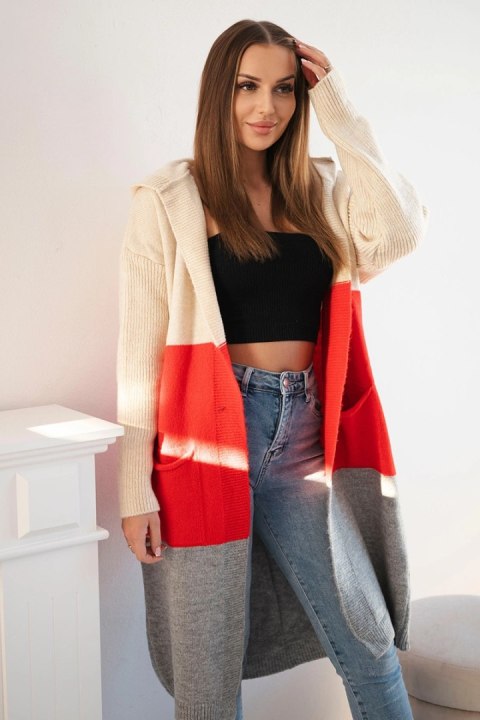 Sweter Kardigan z kapturem w pasy beżowy+czerwony+szary Sweter Kardigan z kapturem w pasy beżowy+czerwony+szary