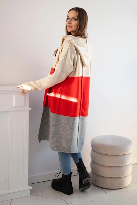 Sweter Kardigan z kapturem w pasy beżowy+czerwony+szary Sweter Kardigan z kapturem w pasy beżowy+czerwony+szary