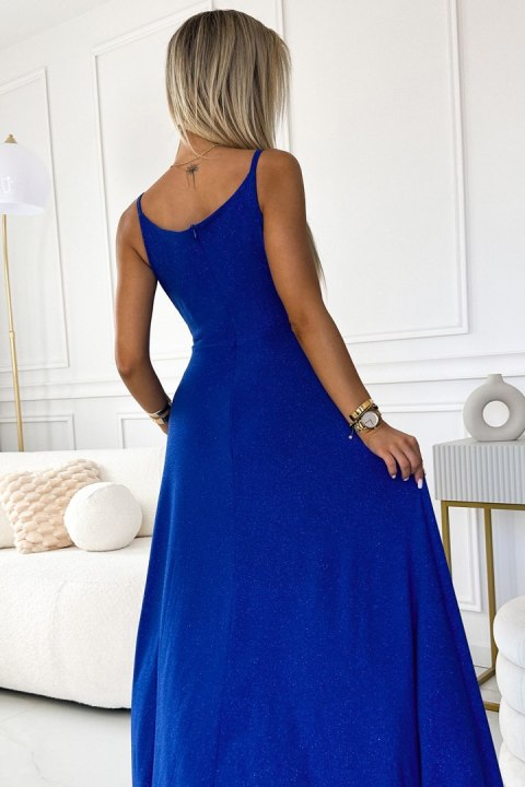 299-17 CHIARA elegancka maxi długa suknia na ramiączkach - CHABROWA Z BROKATEM 299-17 CHIARA elegancka maxi długa suknia na ramiączkach - CHABROWA Z BROKATEM
