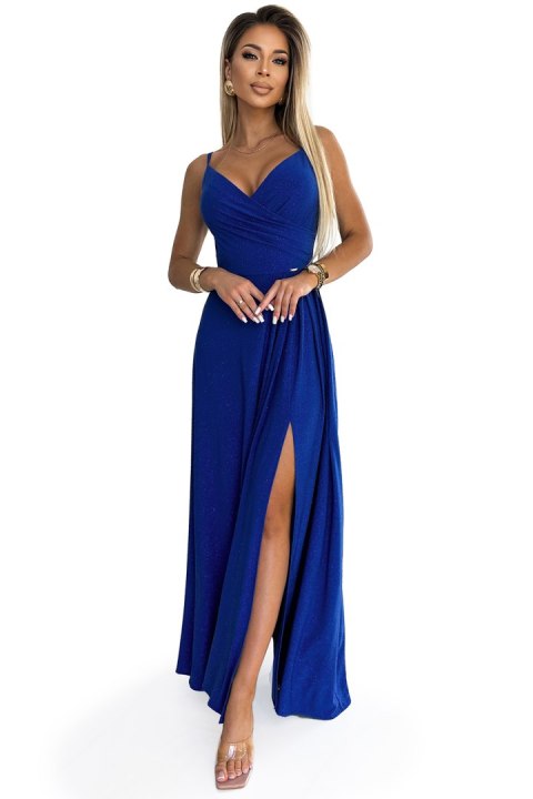 299-17 CHIARA elegancka maxi długa suknia na ramiączkach - CHABROWA Z BROKATEM 299-17 CHIARA elegancka maxi długa suknia na ramiączkach - CHABROWA Z BROKATEM