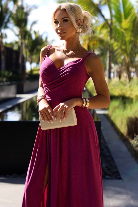 299-19 CHIARA elegancka maxi długa suknia na ramiączkach - FUKSJA Z BROKATEM 299-19 CHIARA elegancka maxi długa suknia na ramiączkach - FUKSJA Z BROKATEM