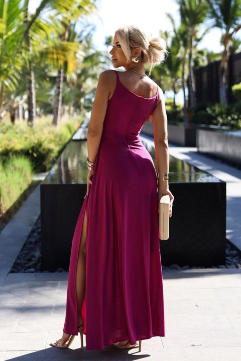 299-19 CHIARA elegancka maxi długa suknia na ramiączkach - FUKSJA Z BROKATEM 299-19 CHIARA elegancka maxi długa suknia na ramiączkach - FUKSJA Z BROKATEM