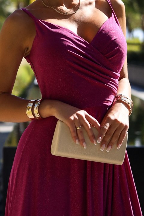 299-19 CHIARA elegancka maxi długa suknia na ramiączkach - FUKSJA Z BROKATEM 299-19 CHIARA elegancka maxi długa suknia na ramiączkach - FUKSJA Z BROKATEM