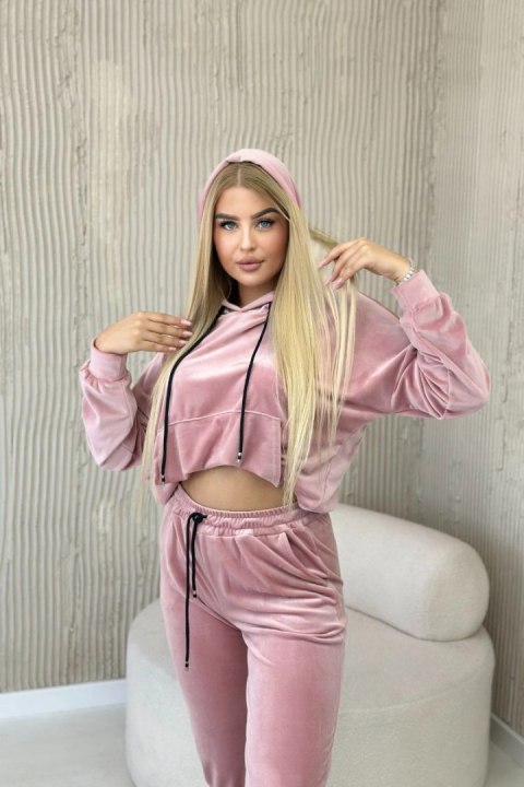 Komplet welurowy bluza kangurka + spodnie pudrowy róż Komplet welurowy bluza kangurka + spodnie pudrowy róż