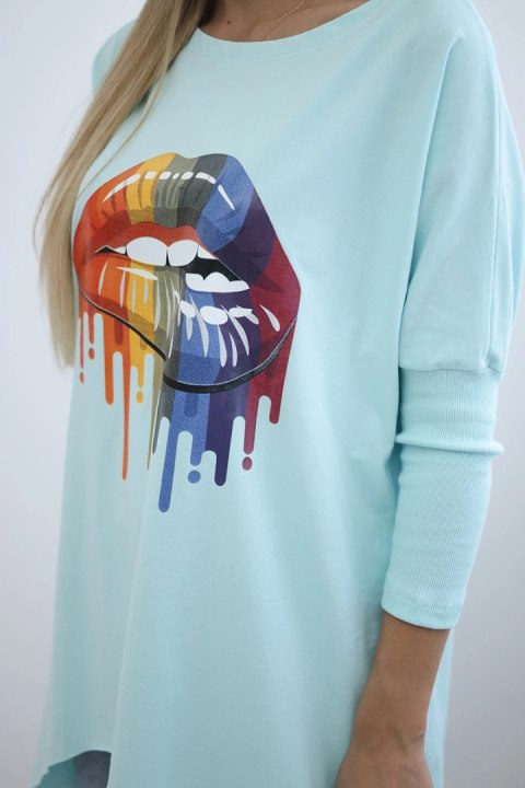 Bluzka oversize z nadrukiem tęczowych ust miętowa Bluzka oversize z nadrukiem tęczowych ust miętowa