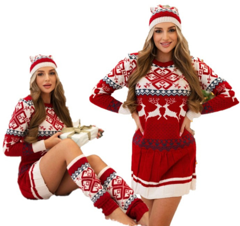 Komplet świąteczny 1002 sweter + czapka + podkolanówki czerwony Komplet świąteczny 1002 sweter + czapka + podkolanówki czerwony