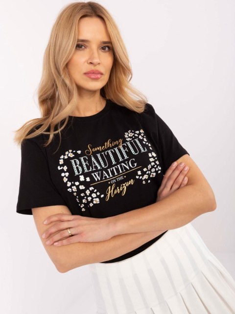 Czarny damski t-shirt z aplikacją z dżetów Czarny damski t-shirt z aplikacją z dżetów
