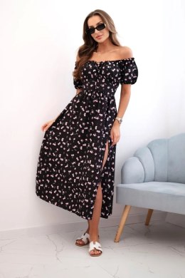 Sukienka damska maxi w kwiaty z bufkami czarna