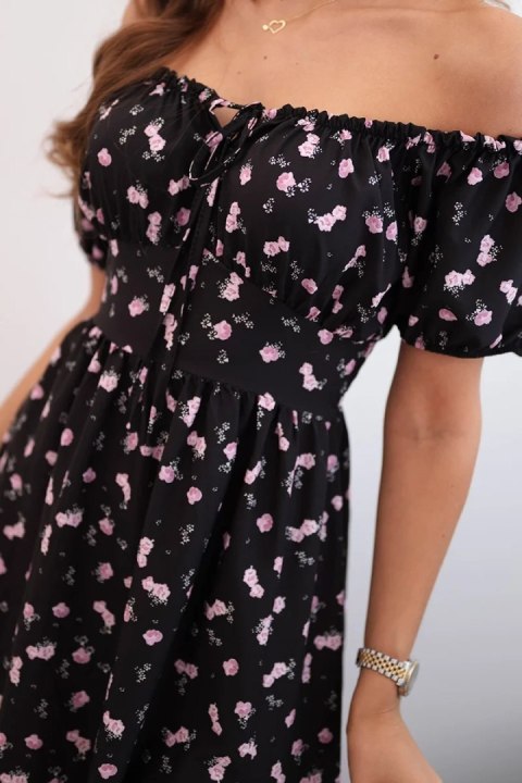 Sukienka damska maxi w kwiaty z bufkami czarna Sukienka damska maxi w kwiaty z bufkami czarna