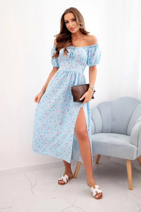 Sukienka damska maxi w kwiaty z bufkami niebieska Sukienka damska maxi w kwiaty z bufkami niebieska