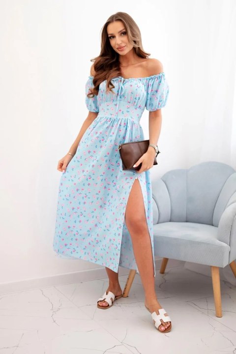 Sukienka damska maxi w kwiaty z bufkami niebieska Sukienka damska maxi w kwiaty z bufkami niebieska