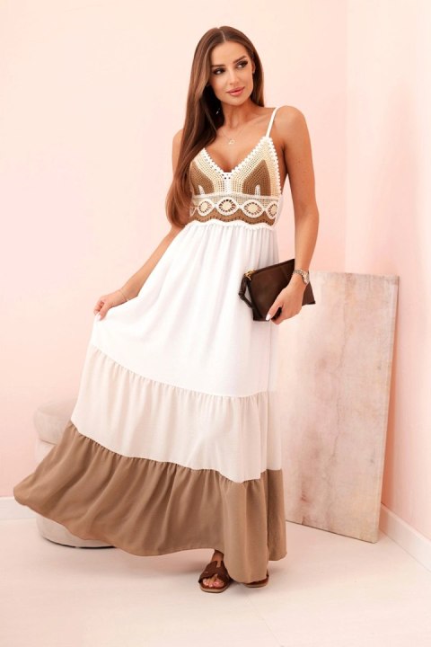 Sukienka damska boho maxi na ramiączkach z ażurową górą beżowy + camelowy Sukienka damska boho maxi na ramiączkach z ażurową górą beżowy + camelowy