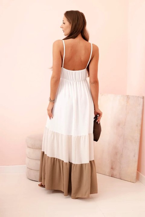 Sukienka damska boho maxi na ramiączkach z ażurową górą beżowy + camelowy Sukienka damska boho maxi na ramiączkach z ażurową górą beżowy + camelowy
