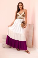 Sukienka damska boho maxi na ramiączkach z ażurową górą beżowy + ciemny fioletowy