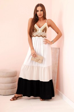 Sukienka damska boho maxi na ramiączkach z ażurową górą beżowy + czarny