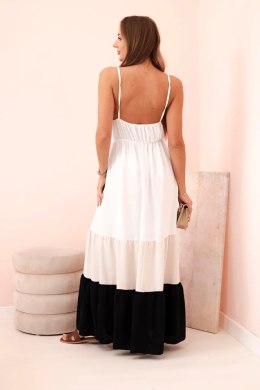 Sukienka damska boho maxi na ramiączkach z ażurową górą beżowy + czarny