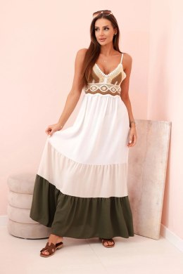 Sukienka damska boho maxi na ramiączkach z ażurową górą beżowy + khaki