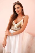 Sukienka damska boho maxi na ramiączkach z ażurową górą beżowy + khaki