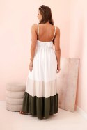 Sukienka damska boho maxi na ramiączkach z ażurową górą beżowy + khaki