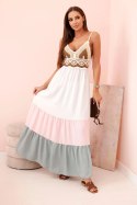 Sukienka damska boho maxi na ramiączkach z ażurową górą ciemny miętowy + cukierkowy róż