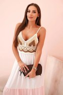 Sukienka damska boho maxi na ramiączkach z ażurową górą ciemny miętowy + cukierkowy róż