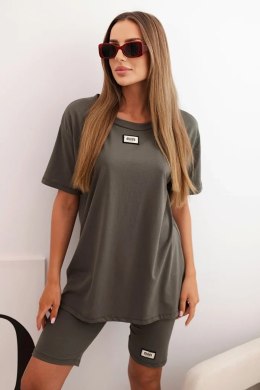 Komplet damski bawełniany z krótkim rękawem i szortami khaki