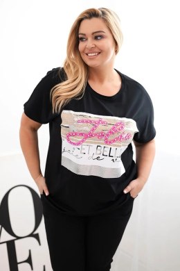 Bluzka damska bawełniana Plus Size z cekinowym napisem czarna