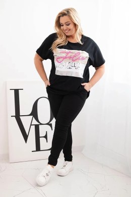 Bluzka damska bawełniana Plus Size z cekinowym napisem czarna