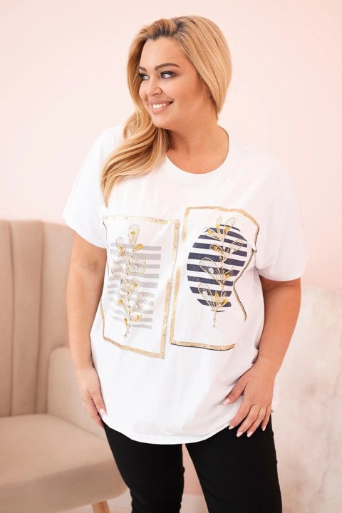 Bluzka damska bawełniana Plus Size z dżetami biały + granatowy Bluzka damska bawełniana Plus Size z dżetami biały + granatowy