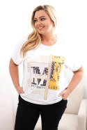 Bluzka damska bawełniana Plus Size z nadrukiem i cekinami biały + pomarańczowy