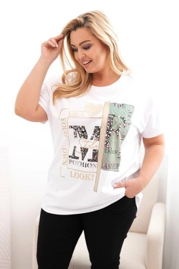Bluzka damska bawełniana Plus Size z nadrukiem i cekinami biały + różowy