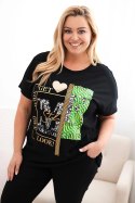 Bluzka damska bawełniana Plus Size z nadrukiem i cekinami czarny + zielony