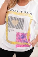 Bluzka damska bawełniana Plus Size ze złotym napisem biały + żółty