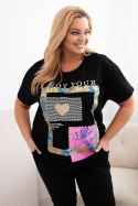 Bluzka damska bawełniana Plus Size ze złotym napisem czarny + chabrowy