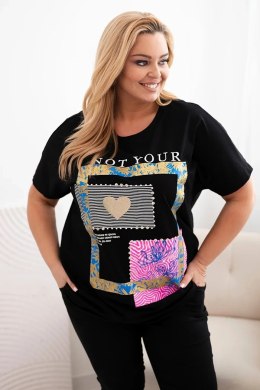 Bluzka damska bawełniana Plus Size ze złotym napisem czarny + chabrowy