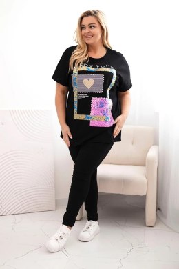Bluzka damska bawełniana Plus Size ze złotym napisem czarny + chabrowy