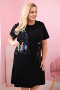 Sukienka damska bawełniana Plus Size z kieszeniami i napisami czarna