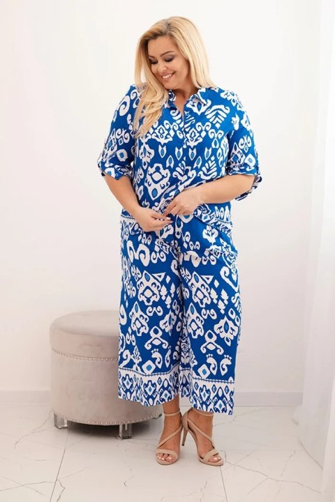 Komplet damski Plus Size wiskozowy z geometrycznym nadrukiem chabrowy Komplet damski Plus Size wiskozowy z geometrycznym nadrukiem chabrowy