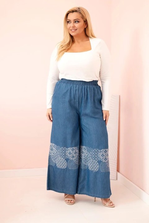 Spodnie damskie Plus Size z szeroką nogawką i haftem etnicznym jeansowe Spodnie damskie Plus Size z szeroką nogawką i haftem etnicznym jeansowe