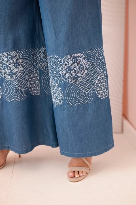 Spodnie damskie Plus Size z szeroką nogawką i haftem etnicznym jeansowe Spodnie damskie Plus Size z szeroką nogawką i haftem etnicznym jeansowe